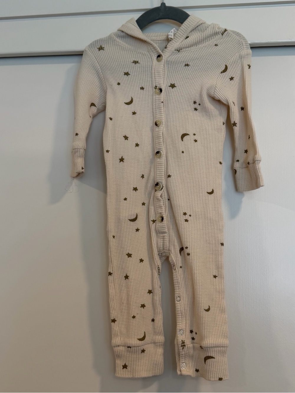 kate quinn Cream Waffle-Knit Hooded Onesie with Gold Star Print